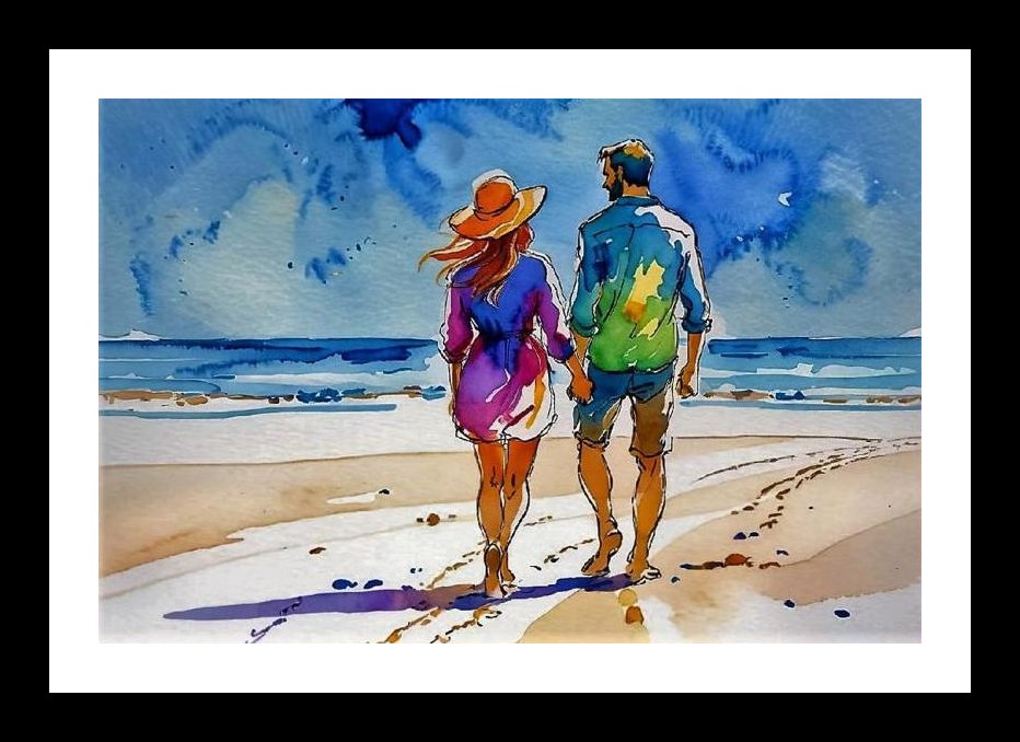 Beach Stroll Portrait: Hand-in-Hand Romance in Sun-Kissed Sand. Wall Art, Interior Accents, Framing Solutions, Residential/Commercial Decor, Premium Gifts | Size: 8 x 12 inches
