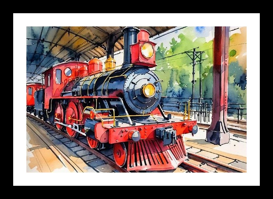 Vintage Steam Train Watercolor Art - Vibrant Nostalgia. Wall Art, Interior Accents, Framing Solutions, Residential/Commercial Decor, Premium Gifts | Size: 8 x 12 inches