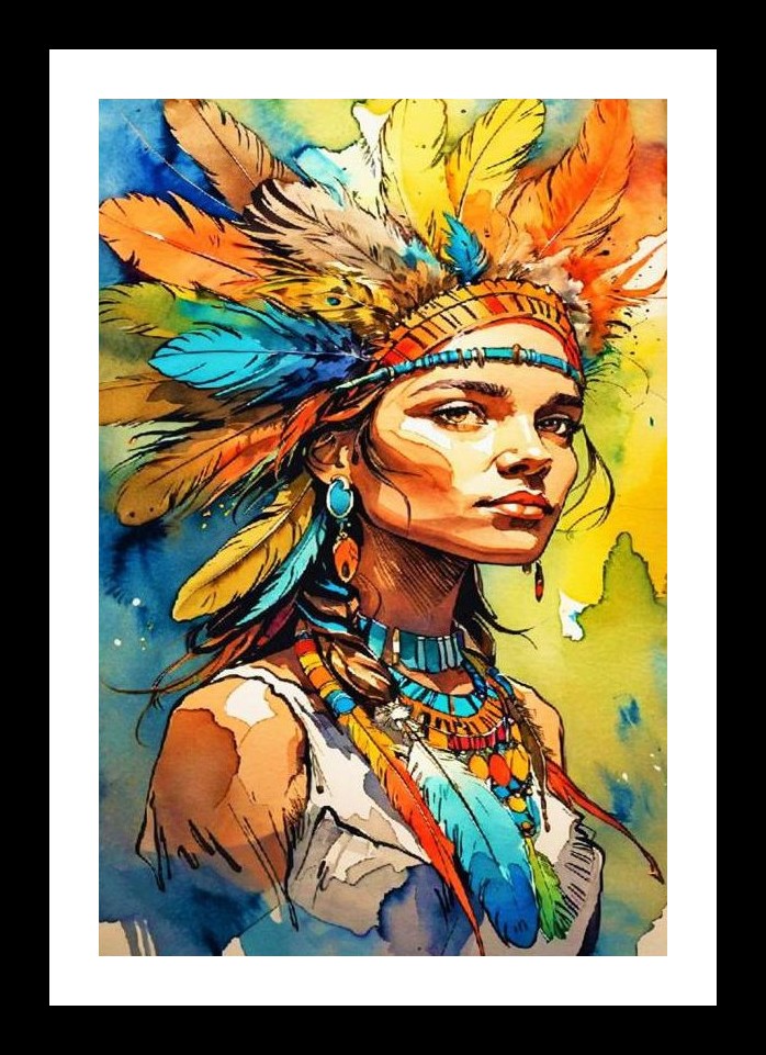 Vibrant Watercolor Native American Woman Portrait Wall Art, Interior Accents, Framing Solutions, Residential/Commercial Decor, Premium Gifts | Size: 8 x 12 inches