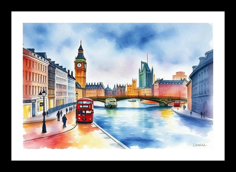 London Landmarks Watercolor Art - Big Ben & Red Bus. Wall Art, Interior Accents, Framing Solutions, Residential/Commercial Decor, Premium Gifts | Size: 8 x 12 inches
