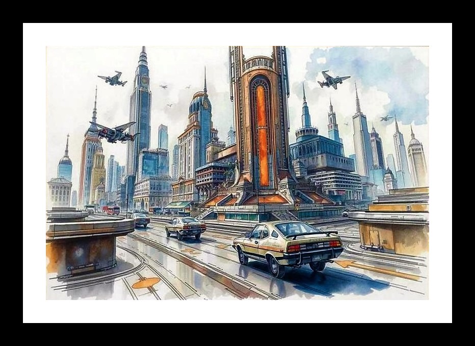 Futuristic Cityscape Watercolor Art - Skyscrapers & Skyplanes Wall Art, Interior Accents, Framing Solutions, Residential/Commercial Decor, Premium Gifts | Size: 8 x 12 inches