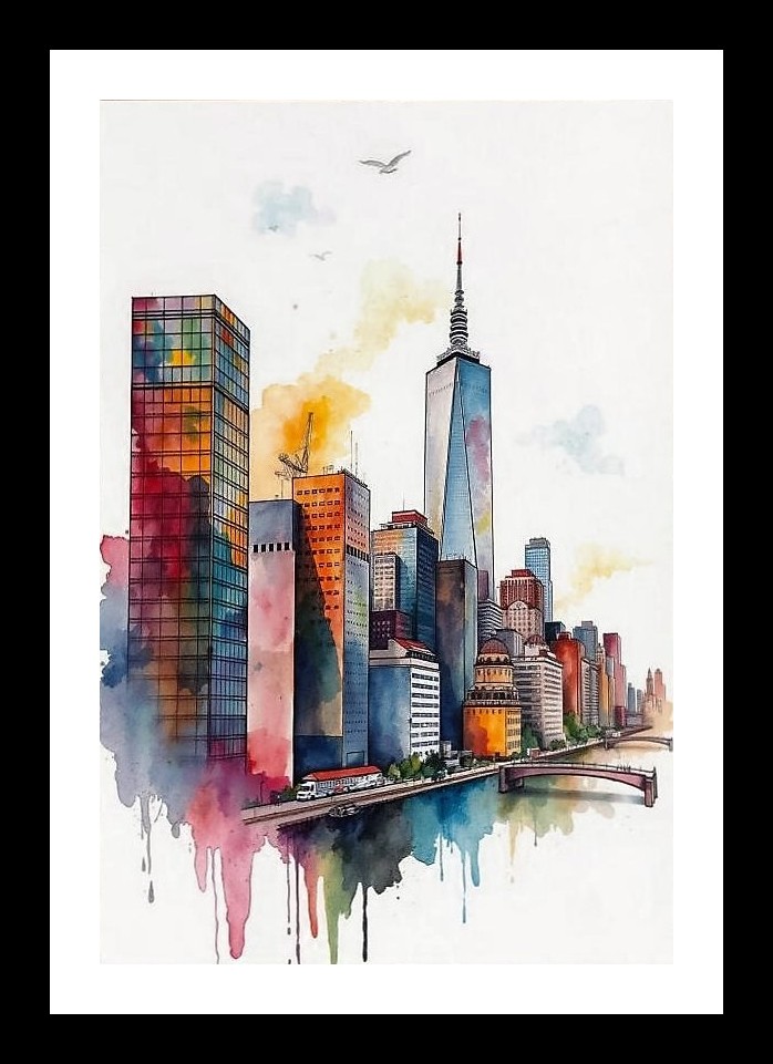 Watercolor Cityscape Skyline Portrait - Modern Skyscrapers Art Photo Frame With Photo, Wall Hanging Art, Wall Decor, Home Decor, Picture Frame | Size: 8 x 12 inches