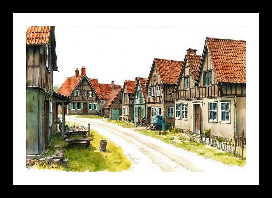 Quaint Village Street: Charming Half-Timbered Houses Portrait. Wall Art, Interior Accents, Framing Solutions, Residential/Commercial Decor, Premium Gifts | Size: 8 x 12 inches