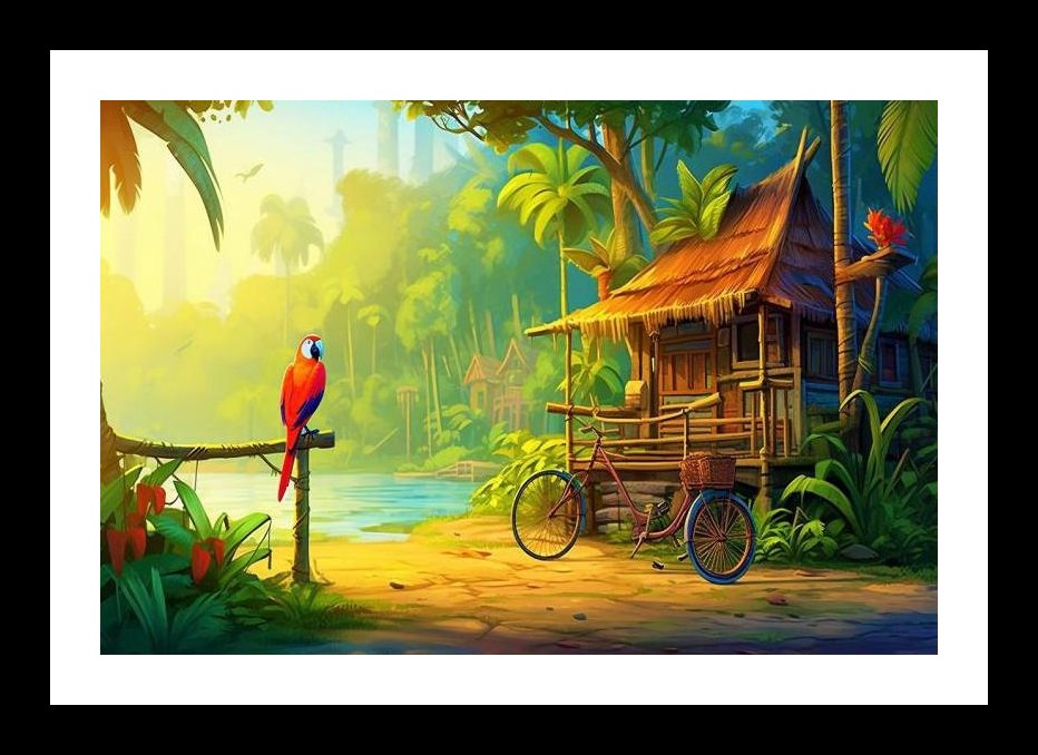 Tropical Paradise Portrait: Hut, Bike, Parrot & River Scene. Wall Art, Interior Accents, Framing Solutions, Residential/Commercial Decor, Premium Gifts | Size: 8 x 12 inches