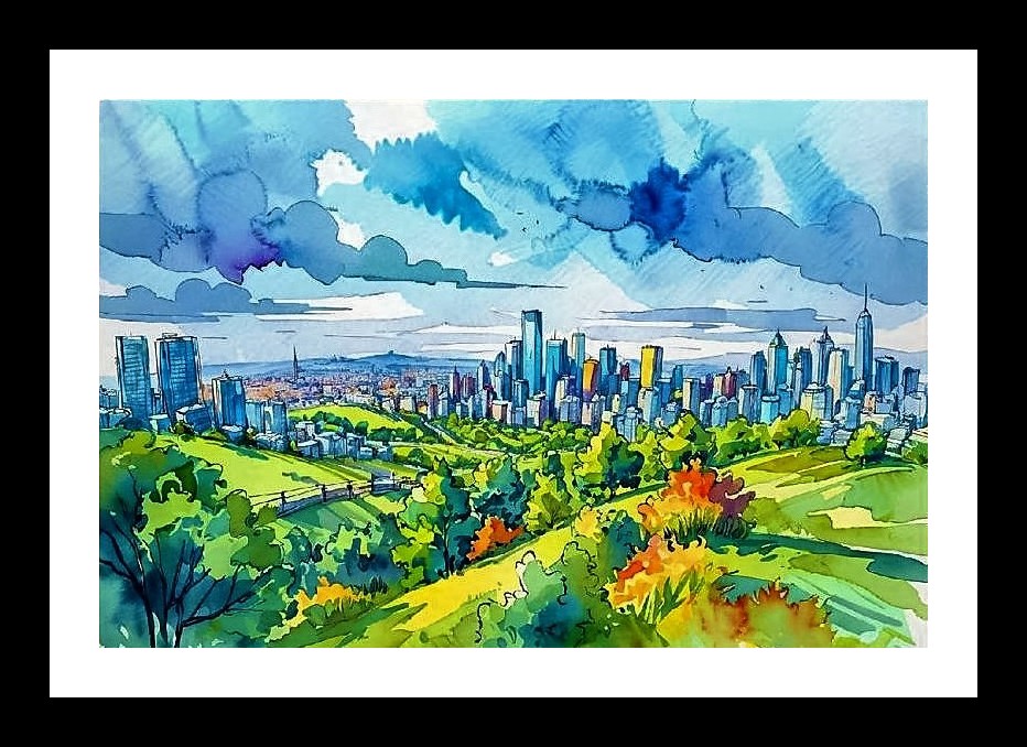 Watercolor Cityscape Portrait - Distant View Amidst Green Trees. Photo Frame With Photo, Wall Hanging Art, Wall Decor, Home Decor, Picture Frame | Size: 8 x 12 inches