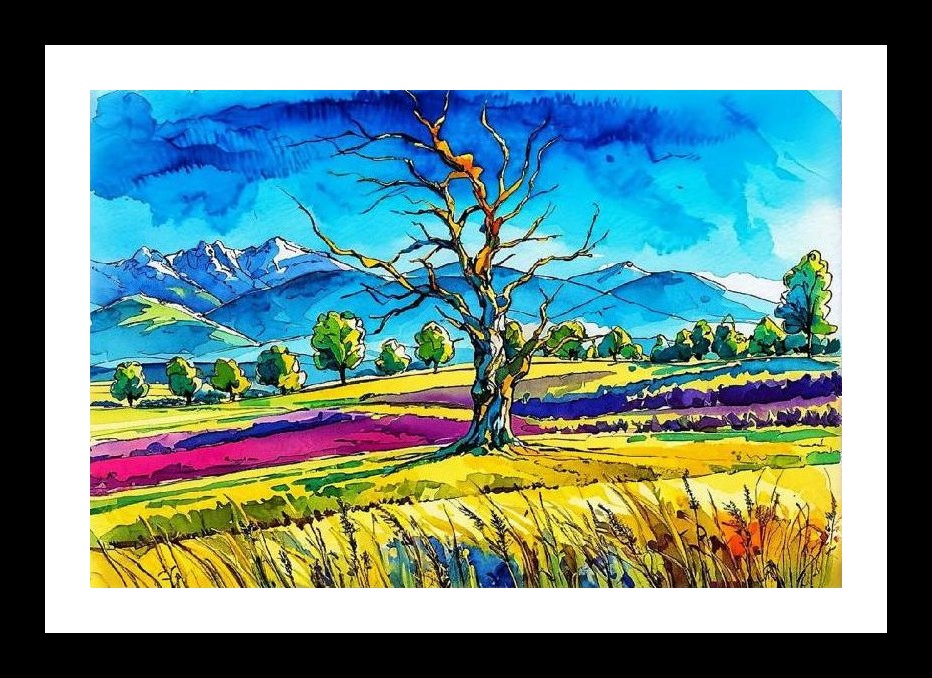 Watercolor Landscape: Barren Tree & Mountains Portrait Wall Art, Interior Accents, Framing Solutions, Residential/Commercial Decor, Premium Gifts | Size: 8 x 12 inches