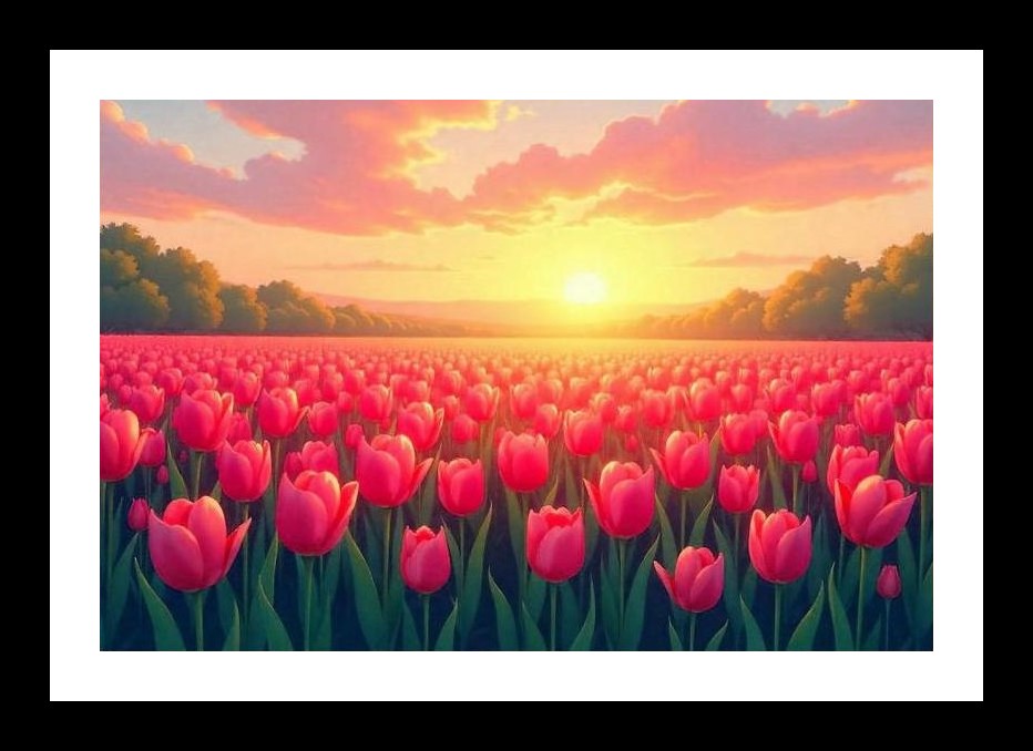 Pink Tulip Sunset: Radiant Field of Dreams. Wall Art, Interior Accents, Framing Solutions, Residential/Commercial Decor, Premium Gifts | Size: 8 x 12 inches