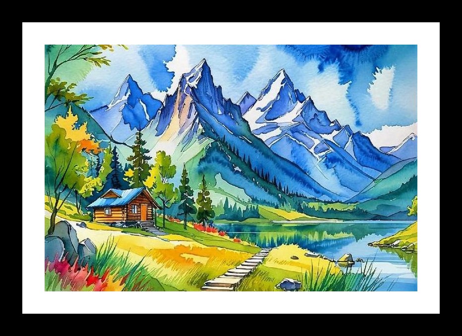 Serene Lake Cabin Watercolor Portrait - Peaceful Mountain Landscape Wall Art, Interior Accents, Framing Solutions, Residential/Commercial Decor, Premium Gifts | Size: 8 x 12 inches