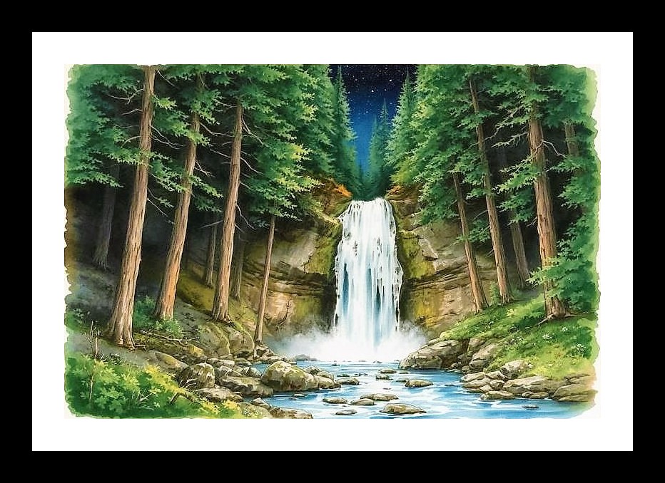 Starlit Waterfall Portrait: Serene Forest Cascade. Wall Art, Interior Accents, Framing Solutions, Residential/Commercial Decor, Premium Gifts | Size: 8 x 12 inches