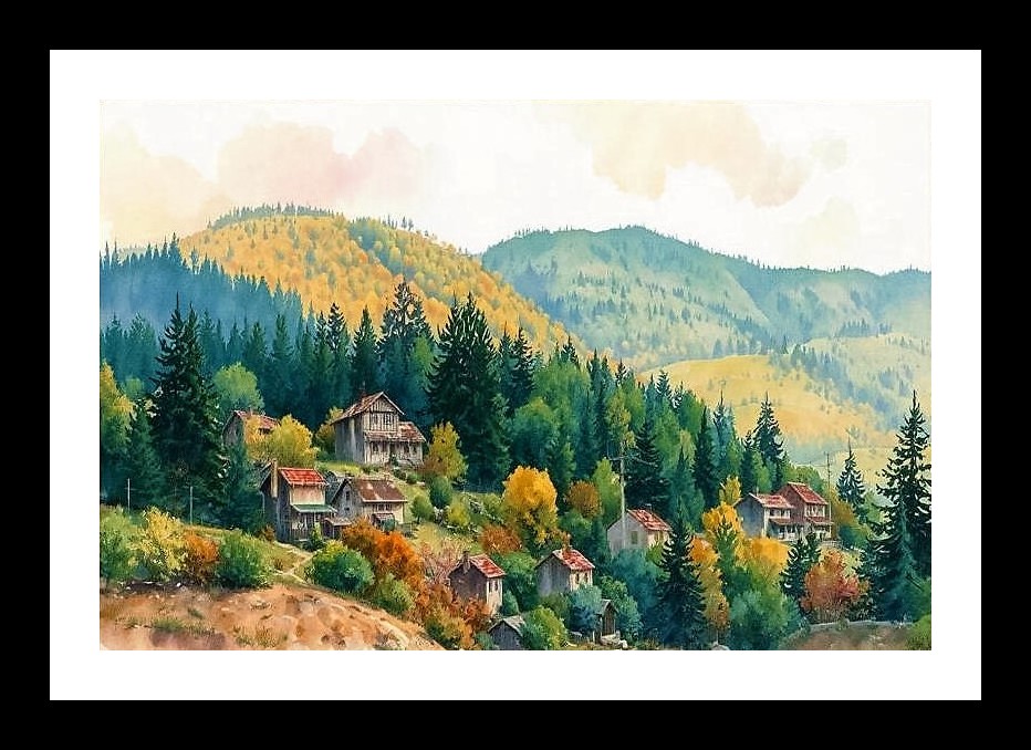 Autumn Hillside Homes Portrait - Vibrant Forest Scene Wall Art, Interior Accents, Framing Solutions, Residential/Commercial Decor, Premium Gifts | Size: 8 x 12 inches
