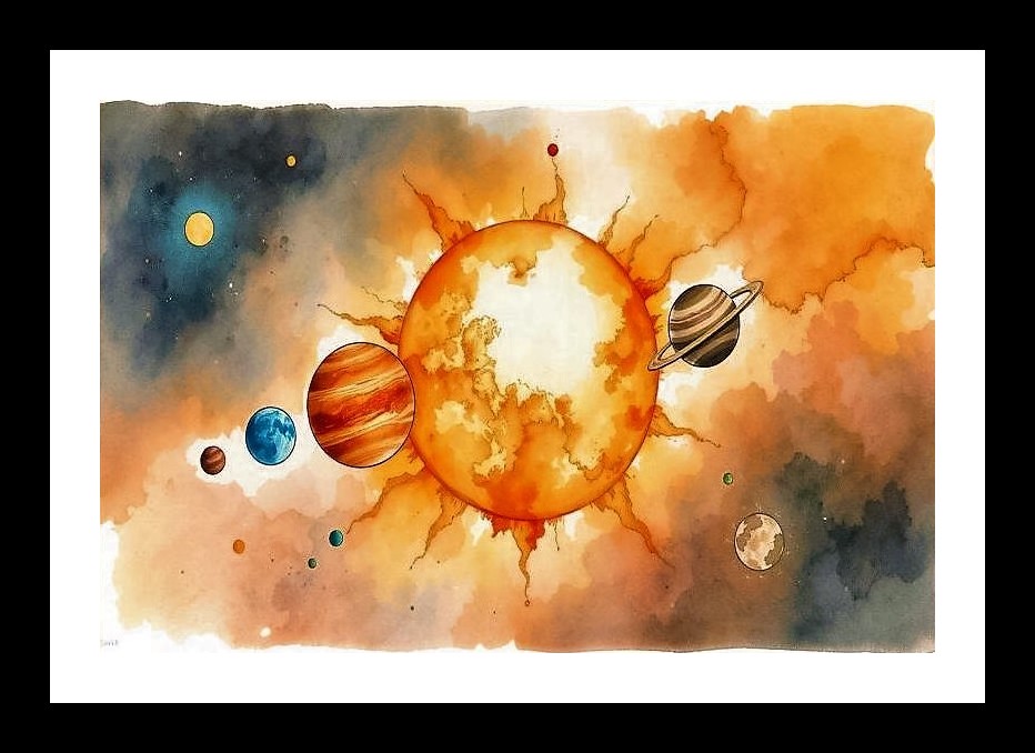 Radiant Sun & Planets Watercolor Art - Celestial Orbit Portrait Wall Art, Interior Accents, Framing Solutions, Residential/Commercial Decor, Premium Gifts | Size: 8 x 12 inches