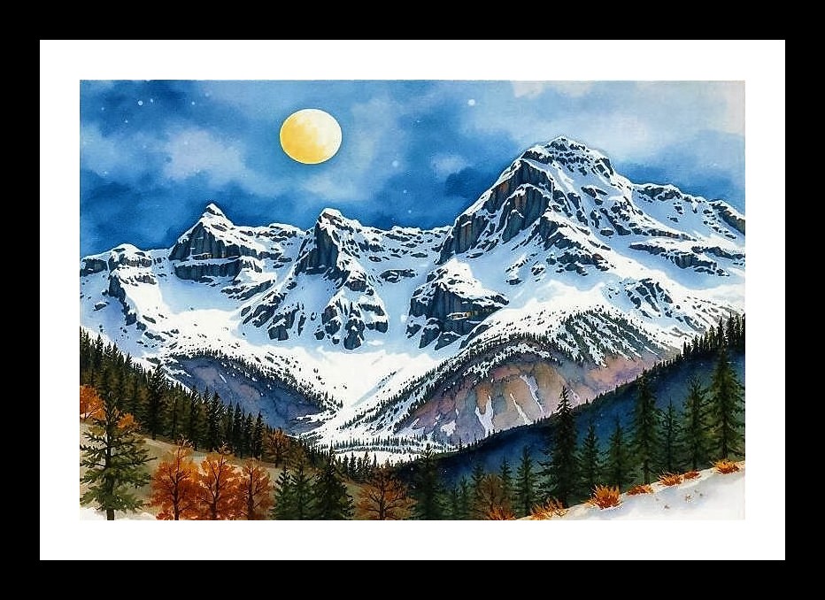Moonlit Mountain Majesty: Breathtaking Winter Landscape Portrait. Photo Frame With Photo, Wall Hanging Art, Wall Decor, Home Decor, Picture Frame | Size: 8 x 12 inches