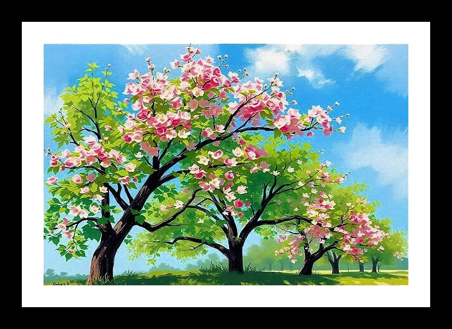 Pink Blossoms Spring Landscape - Vibrant Floral Art. Wall Art, Interior Accents, Framing Solutions, Residential/Commercial Decor, Premium Gifts | Size: 8 x 12 inches