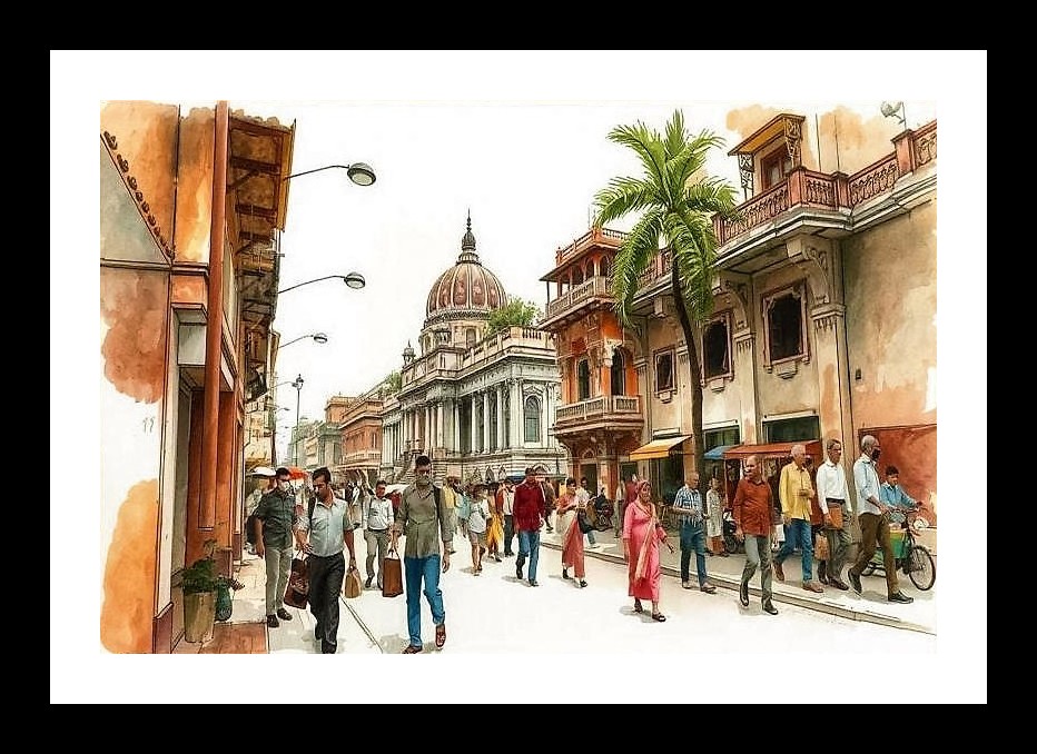 Colonial City Watercolor: Lively Street Scene Art Wall Art, Interior Accents, Framing Solutions, Residential/Commercial Decor, Premium Gifts | Size: 8 x 12 inches