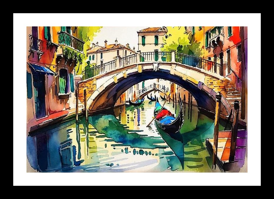Venetian Gondolas Watercolor: A Timeless Bridge Scene. Wall Art, Interior Accents, Framing Solutions, Residential/Commercial Decor, Premium Gifts | Size: 8 x 12 inches