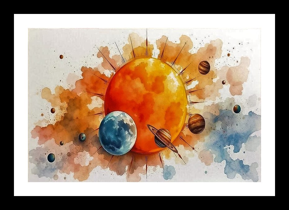 Cosmic Dance: Watercolor Sun & Planets Portrait Wall Art, Interior Accents, Framing Solutions, Residential/Commercial Decor, Premium Gifts | Size: 8 x 12 inches