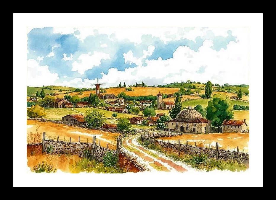 Watercolor Countryside Village Art - Serene Landscape Portrait, Wall Art, Interior Accents, Framing Solutions, Residential/Commercial Decor, Premium Gifts | Size: 8 x 12 inches