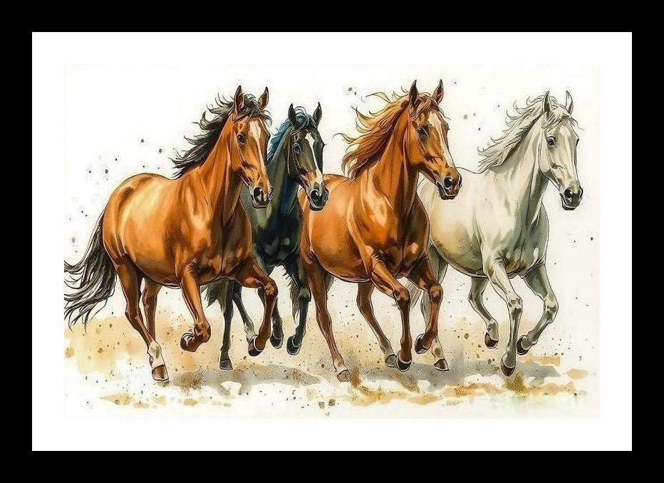 Majestic Gallop: Four Horses Portrait on Sand. Wall Art, Interior Accents, Framing Solutions, Residential/Commercial Decor, Premium Gifts | Size: 8 x 12 inches