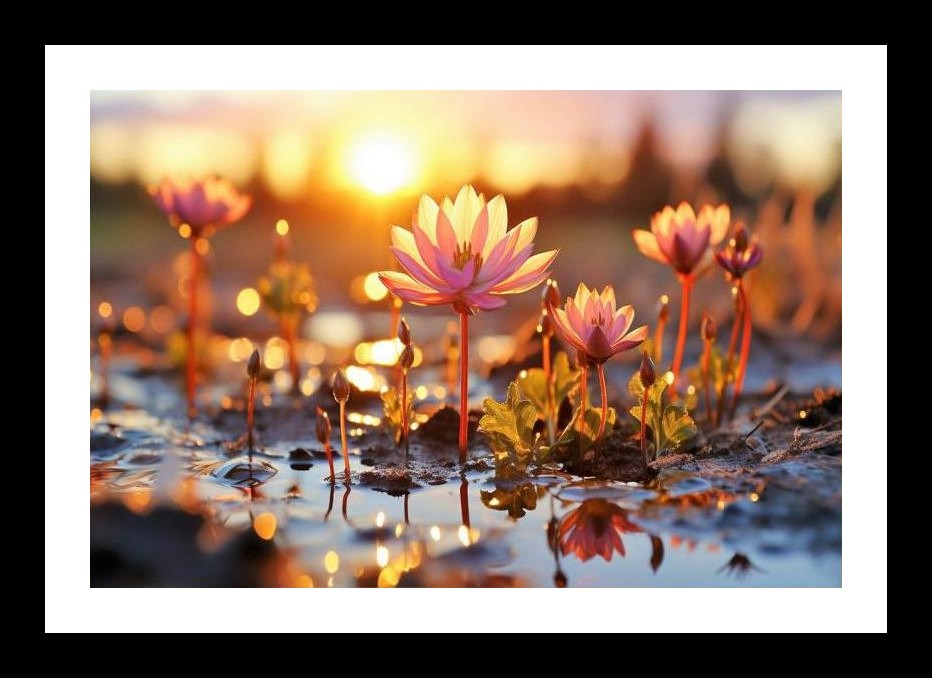 Sunset Blossom Reflections: Serene Puddle Art. Wall Art, Interior Accents, Framing Solutions, Residential/Commercial Decor, Premium Gifts | Size: 8 x 12 inches