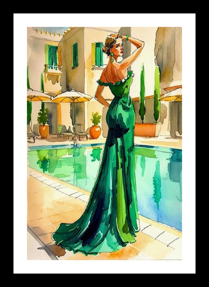 Emerald Poolside Dream: A Summer Portrait. Wall Art, Interior Accents, Framing Solutions, Residential/Commercial Decor, Premium Gifts | Size: 8 x 12 inches