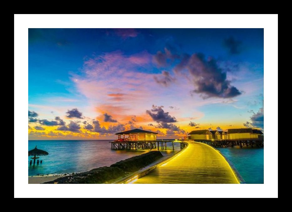 Paradise Sunset Overwater Bungalows - Glowing Walkway Art. Wall Art, Interior Accents, Framing Solutions, Residential/Commercial Decor, Premium Gifts | Size: 8 x 12 inches