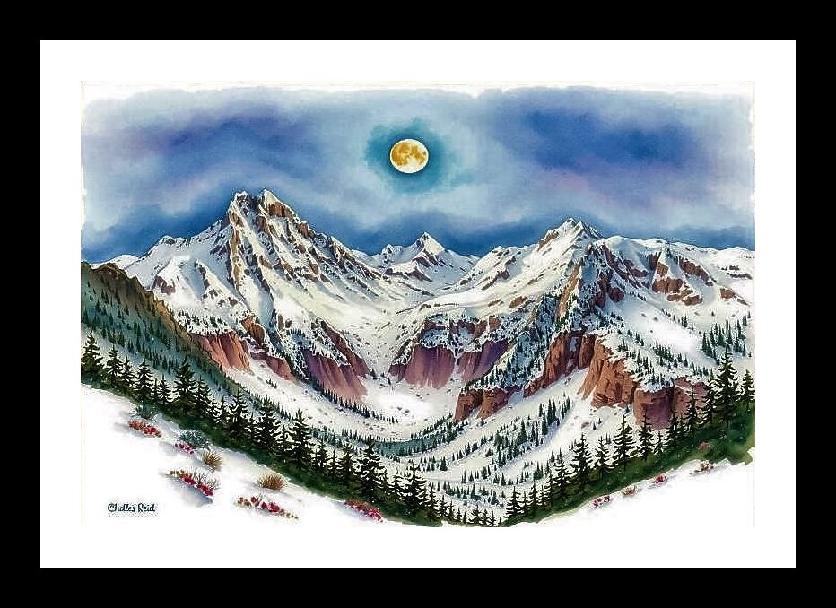 Moonlit Mountain Majesty: Framed Winter Landscape Art. Photo Frame With Photo, Wall Hanging Art, Wall Decor, Home Decor, Picture Frame | Size: 8 x 12 inches