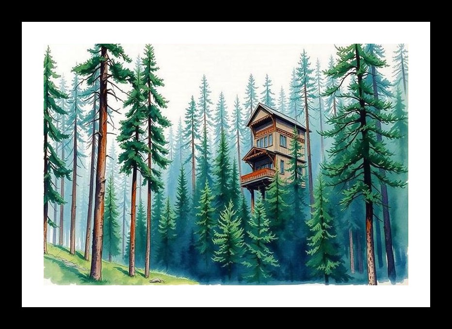 Secluded Tree house Portrait: A Pine-Kissed Retreat Wall Art, Interior Accents, Framing Solutions, Residential/Commercial Decor, Premium Gifts | Size: 8 x 12 inches