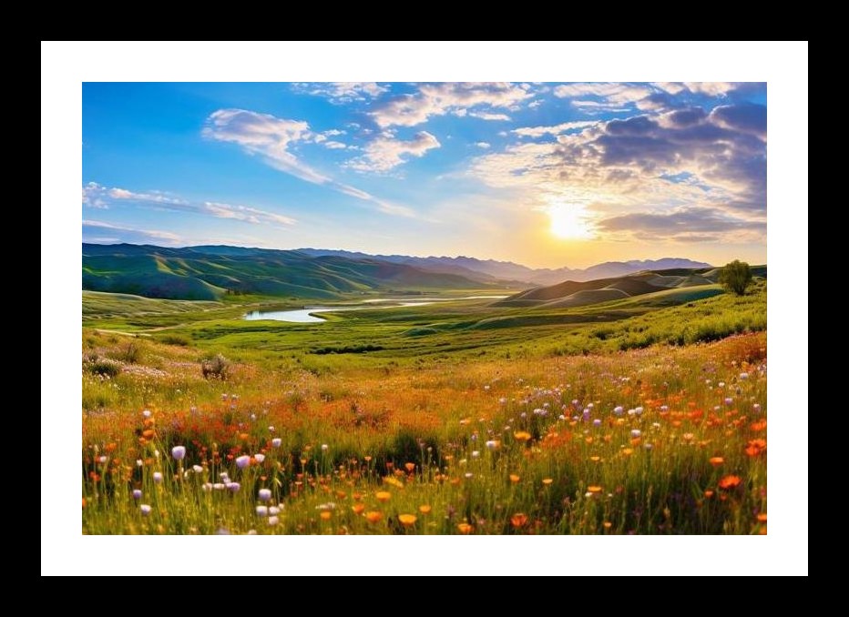 Serene Sunset Meadow: Rolling Hills & Wildflowers Wall Art, Interior Accents, Framing Solutions, Residential/Commercial Decor, Premium Gifts | Size: 8 x 12 inches