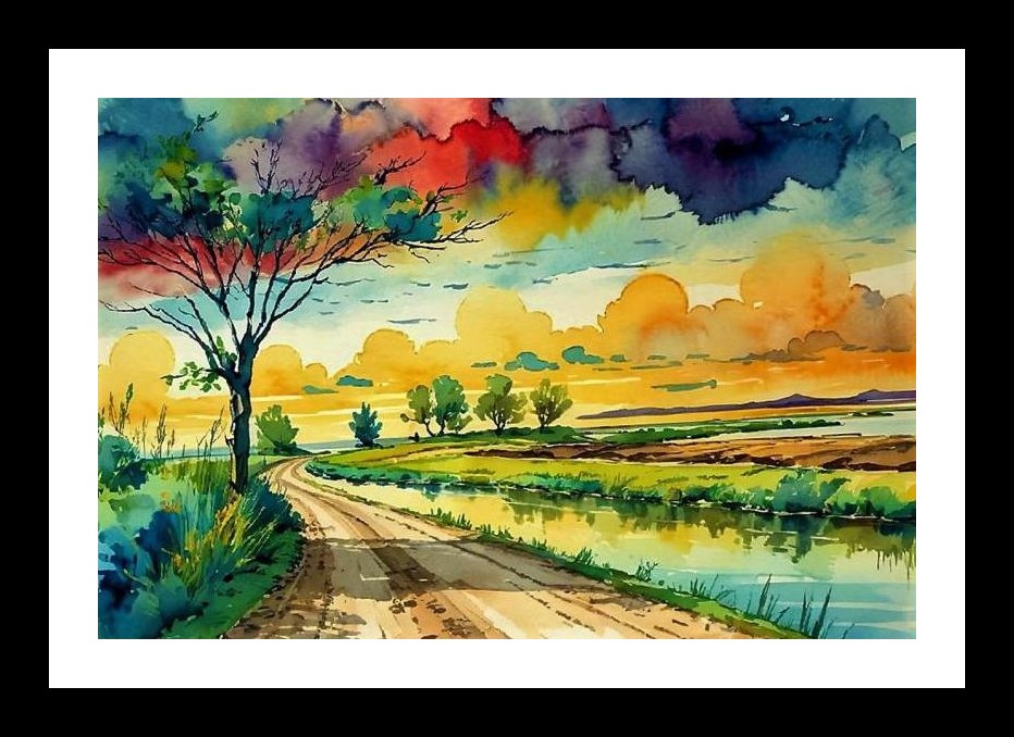 Sunset Road Watercolor: Serene Countryside Canvas Art. Wall Art, Interior Accents, Framing Solutions, Residential/Commercial Decor, Premium Gifts | Size: 8 x 12 inches