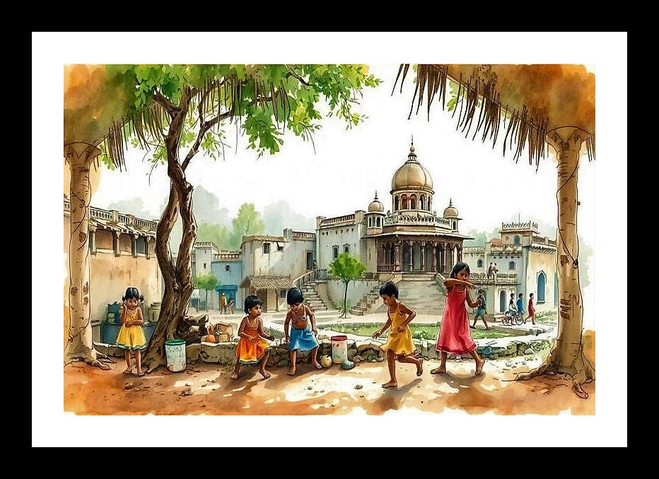 Vibrant Village Play: Child Portrait Under Tree, Grand Building View. Photo Frame With Photo, Wall Hanging Art, Wall Decor, Home Decor, Picture Frame | Size: 8 x 12 inches