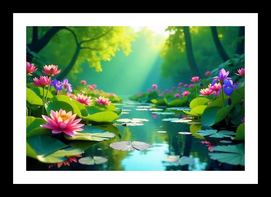 Sun-Kissed Water Lilies & Irises: Forest Stream Beauty. Wall Art, Interior Accents, Framing Solutions, Residential/Commercial Decor, Premium Gifts | Size: 8 x 12 inches