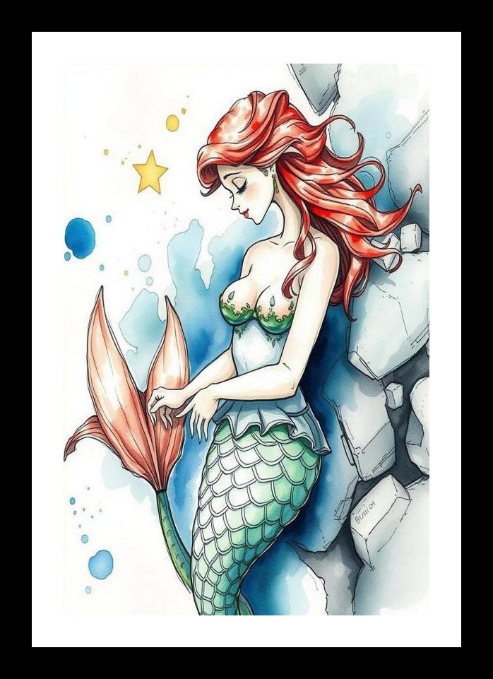 Red-Haired Mermaid Portrait: Enchanting Ocean Art. Wall Art, Interior Accents, Framing Solutions, Residential/Commercial Decor, Premium Gifts | Size: 8 x 12 inches