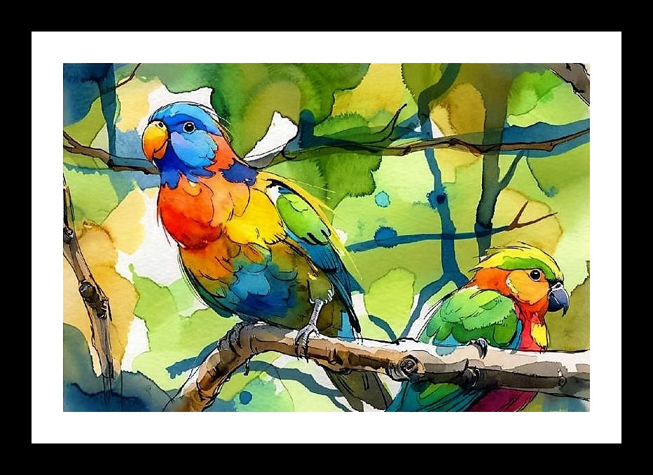 Tropical Parrot Paradise: Vibrant Watercolor Bird Art. Wall Art, Interior Accents, Framing Solutions, Residential/Commercial Decor, Premium Gifts | Size: 8 x 12 inches