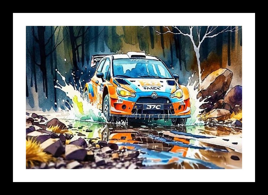 Rally Car Watercolor Splash: Forest Scene Portrait Wall Art, Interior Accents, Framing Solutions, Residential/Commercial Decor, Premium Gifts | Size: 8 x 12 inches
