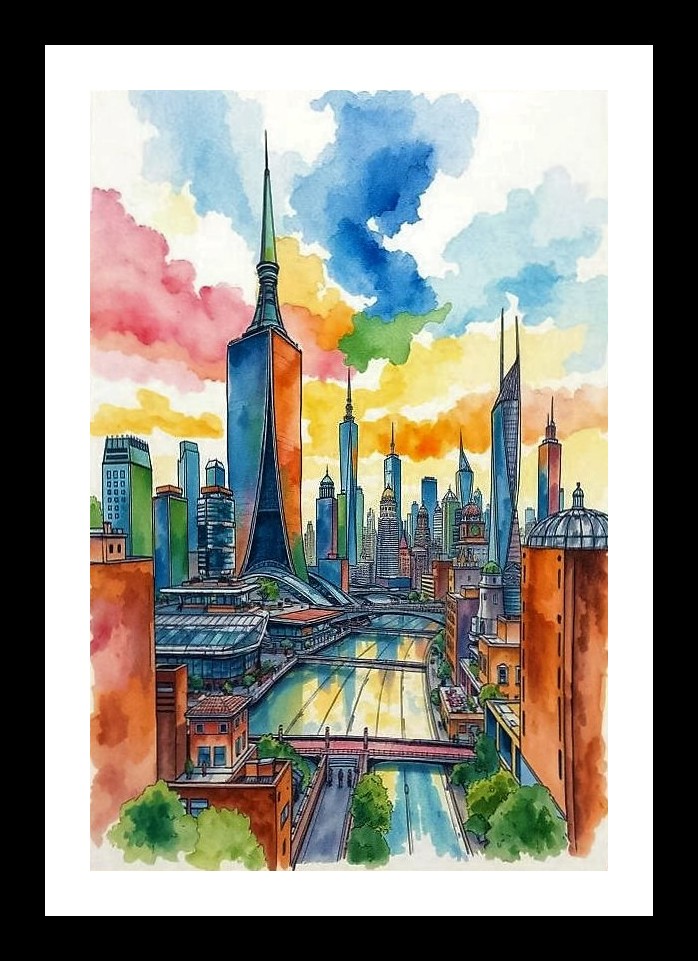 Watercolor Cityscape Skyline Portrait Photo Frame With Photo, Wall Hanging Art, Wall Decor, Home Decor, Picture Frame | Size: 8 x 12 inches