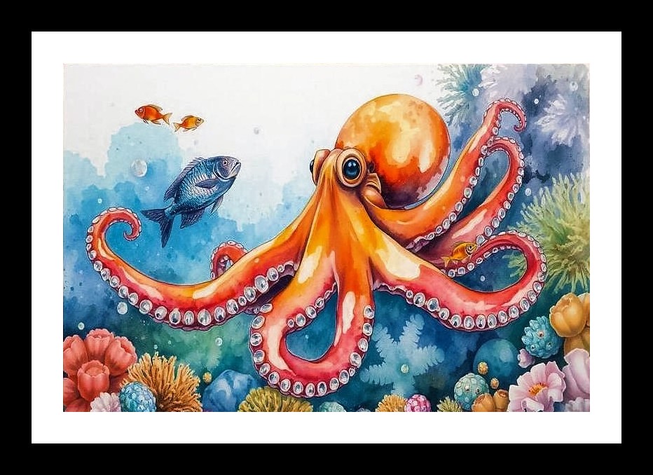 Ocean's Embrace: Watercolor Octopus Portrait. Photo Frame With Photo, Wall Hanging Art, Wall Decor, Home Decor, Picture Frame | Size: 8 x 12 inches