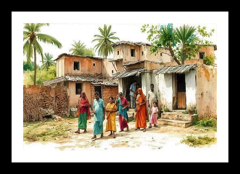 Rural India Family Watercolor Painting Wall Art, Interior Accents, Framing Solutions, Residential/Commercial Decor, Premium Gifts | Size: 8 x 12 inches