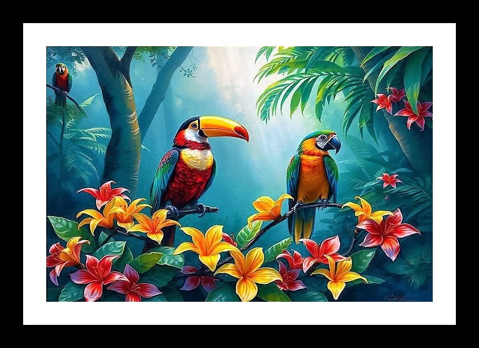 Jungle Majesty: Vibrant Birds & Blooms Canvas Art Wall Art, Interior Accents, Framing Solutions, Residential/Commercial Decor, Premium Gifts | Size: 8 x 12 inches