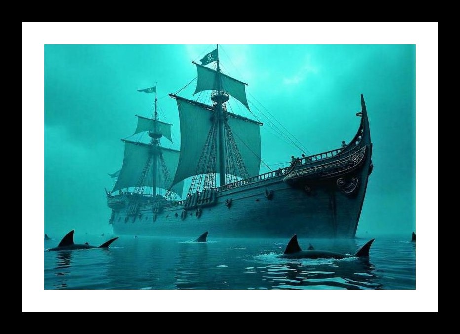 Pirate Ship in Teal Seas: Shark Shadows. Wall Art, Interior Accents, Framing Solutions, Residential/Commercial Decor, Premium Gifts | Size: 8 x 12 inches