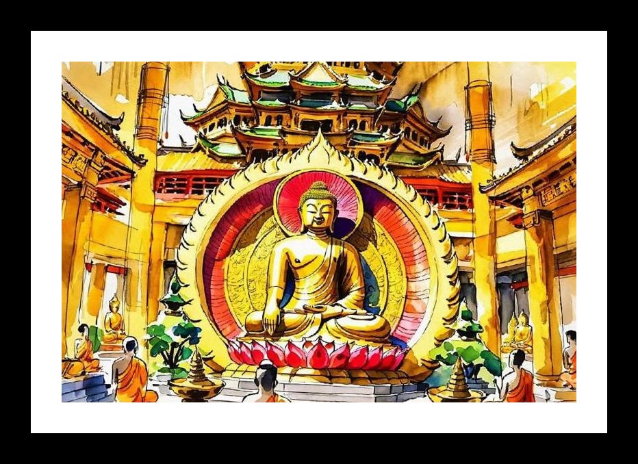Golden Buddha Temple Portrait - Serene Majesty. Wall Art, Interior Accents, Framing Solutions, Residential/Commercial Decor, Premium Gifts | Size: 8 x 12 inches